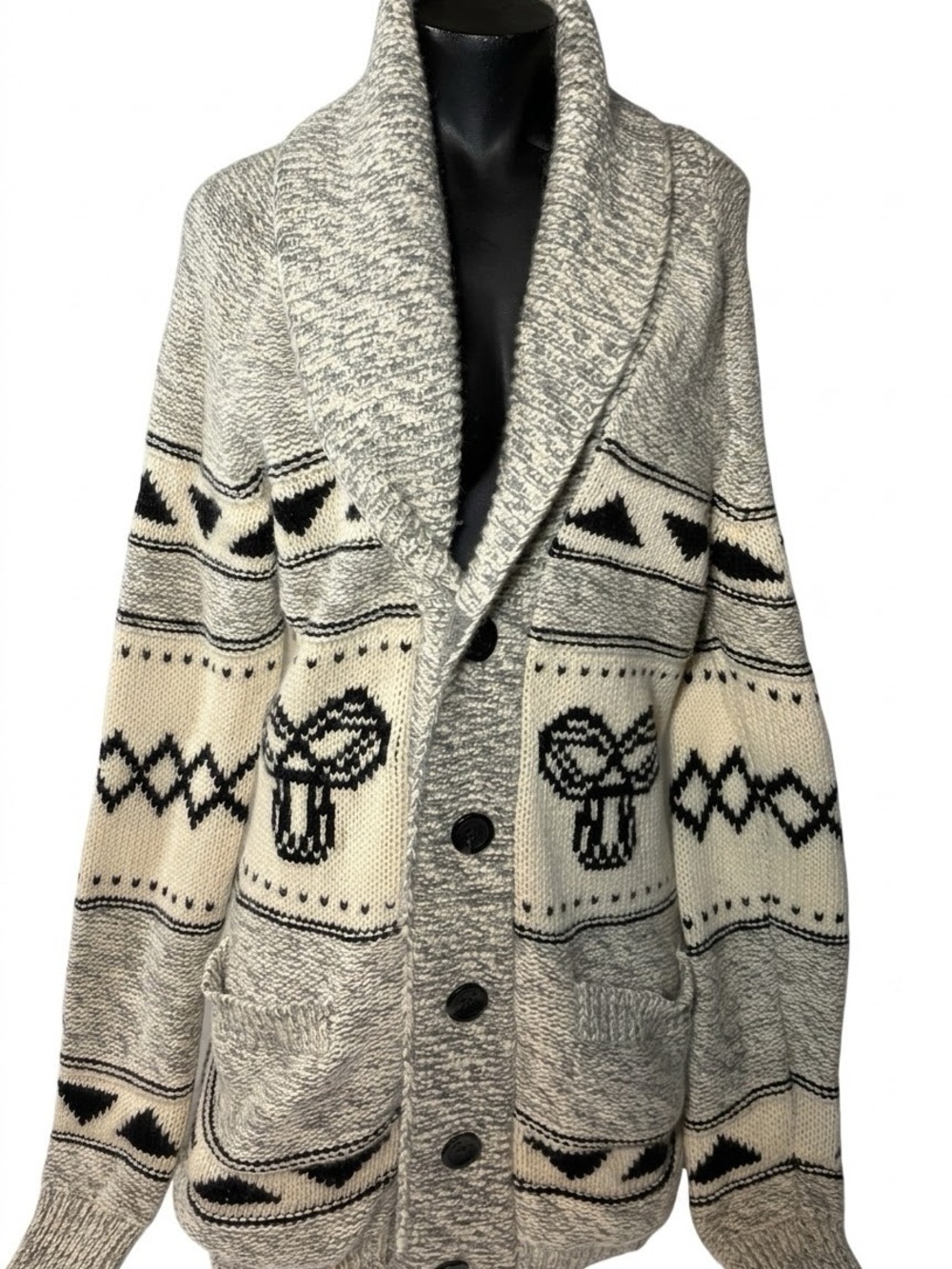 TNA Ivory & Gray Shawl Collar Knit Cardigan 100% Lambs wool